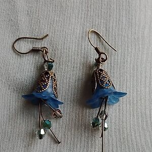 Lucite Vintage Blue and Floral Crystal Drop Earrings
